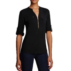 CALVIN KLEIN Zip Front Roll Sleeve Knit Blouse in Black Size XS